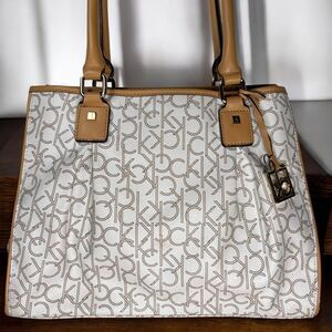 Calvin Klein Handbag Women Med Signature Ivory Tan Faux Leather Satchel Bag Logo